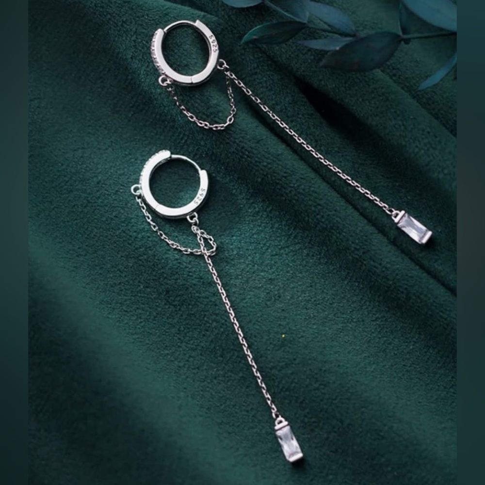 925 Sterling Silver Double-Chain Drop Earrings with Cubic Zirconia